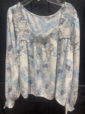 Smocked Floral Peasant Blouse - Light Blue and White